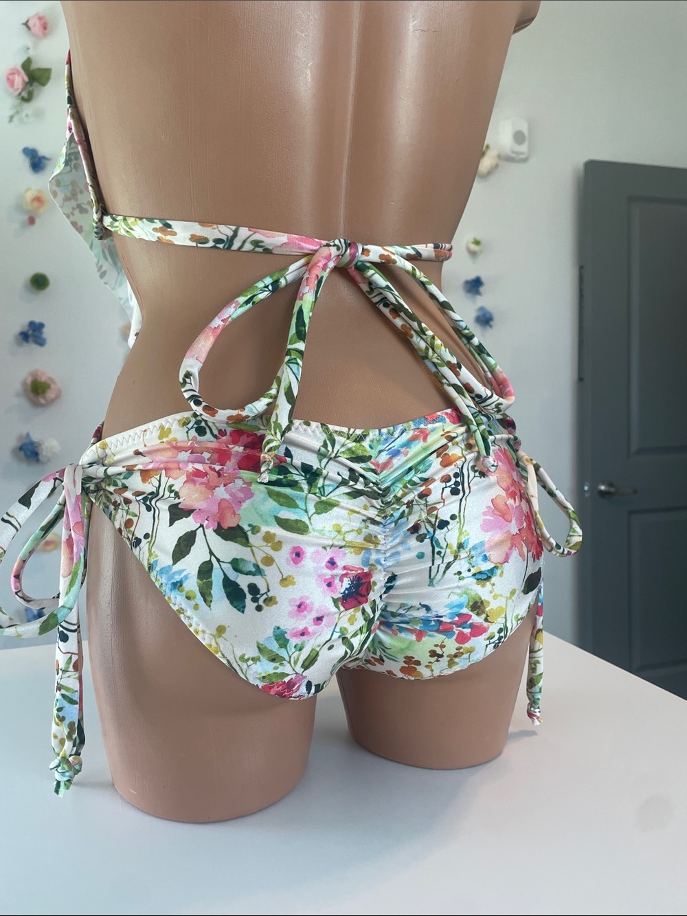 Ruffled Floral Halter One-Piece Swimsuit - Pink & Green - Picture 6 of 17